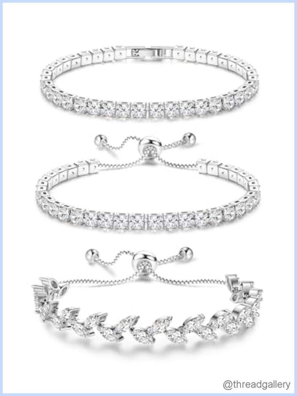 3pc Adjustable Tennis Bracelet Set for Women Silver Cubic Zirconia
